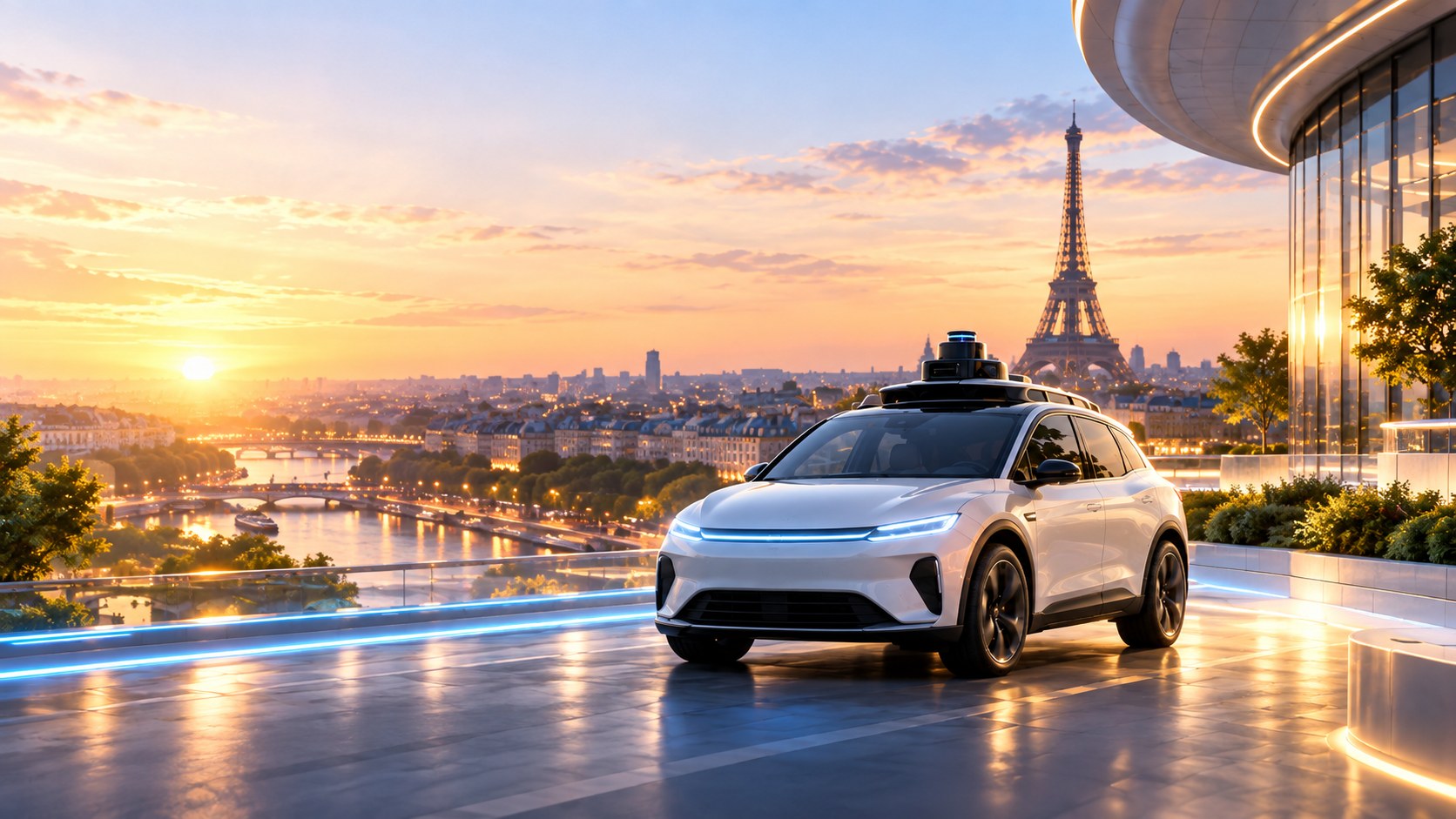 Taxi autonome CABYN D1 sur une terrasse dominant Paris au coucher du soleil